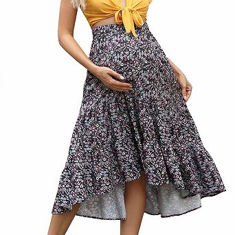 High Waist Maternity Floral Skirt Uneven Ruffle Hem Tiered Casual Midi Skirt for Pregnant Women