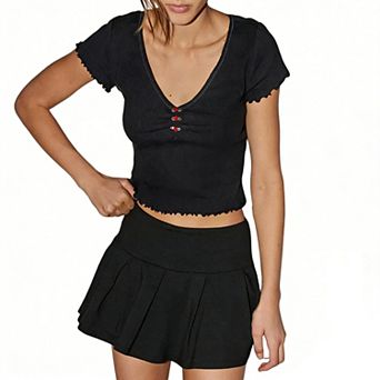 Women's Pointelle Knit Crop Top, V-Neck Short Sleeve Lettuce Trim T-Shirt with Rose Buttons