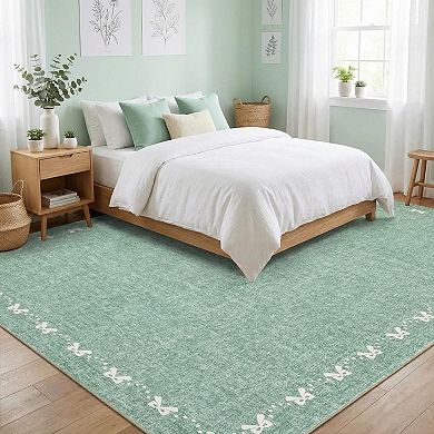 Modern Bordered Bow-Knot Rug with Rubber Backing Non-Slip Low Pile Carpet for Living Room