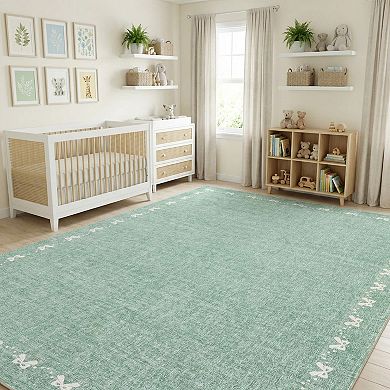 Modern Bordered Bow-Knot Rug with Rubber Backing Non-Slip Low Pile Carpet for Living Room