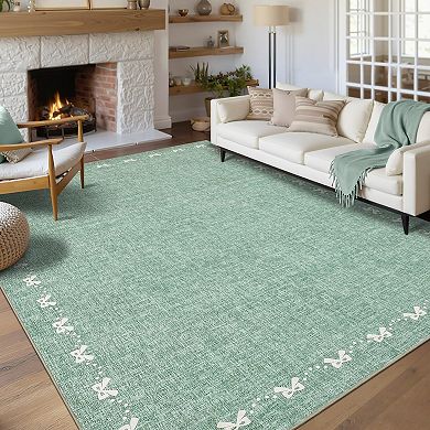 Modern Bordered Bow-Knot Rug with Rubber Backing Non-Slip Low Pile Carpet for Living Room