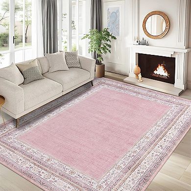 Bordered Neutral Area Rugs, Washable Soft Boho Distressed Low Pile No Slip Runners Carpet