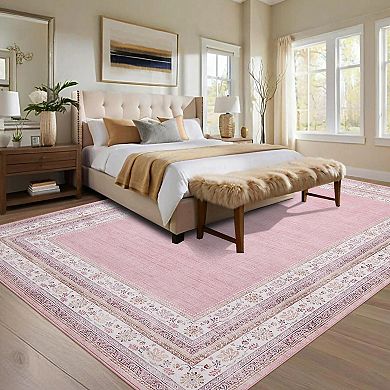 Bordered Neutral Area Rugs, Washable Soft Boho Distressed Low Pile No Slip Runners Carpet