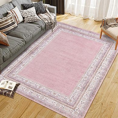 Bordered Neutral Area Rugs, Washable Soft Boho Distressed Low Pile No Slip Runners Carpet
