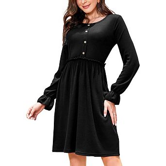 Women's Long Sleeve A-Line Dress, Round Neck Button Detail Elastic Waist Casual Swing Dress