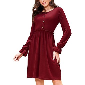 Women's Long Sleeve A-Line Dress, Round Neck Button Detail Elastic Waist Casual Swing Dress