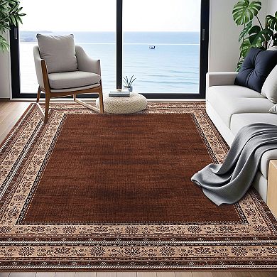 Bordered Neutral Area Rugs, Washable Soft Boho Distressed Low Pile No Slip Runners Carpet