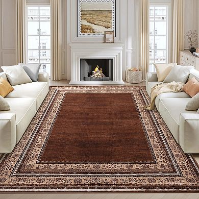 Bordered Neutral Area Rugs, Washable Soft Boho Distressed Low Pile No Slip Runners Carpet