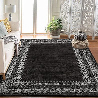 Bordered Neutral Area Rugs, Washable Soft Boho Distressed Low Pile No Slip Runners Carpet