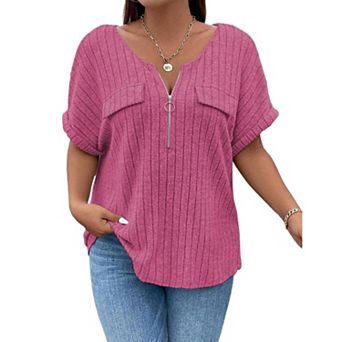 Plus Size Top for Women Short Sleeve Blouses Zip-up V Neck Top Womens Fashion Casual Work Shirts