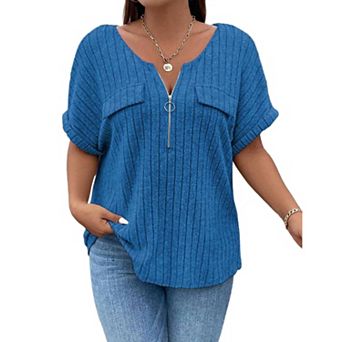 Plus Size Top for Women Short Sleeve Blouses Zip-up V Neck Top Womens Fashion Casual Work Shirts