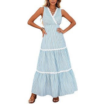 Women's Casual Striped Tiered Maxi Dress Sleeveless V-Neck Flowy Trim Lightweight Summer Dress
