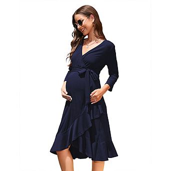 Maternity Wrap Dress, 3/4 Sleeve V-Neck Tie Waist Ruffle Hem Midi Dress, Casual Pregnancy Dress