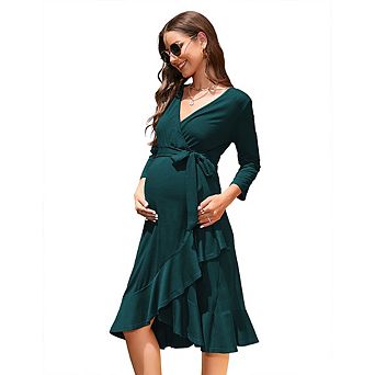 Maternity Wrap Dress, 3/4 Sleeve V-Neck Tie Waist Ruffle Hem Midi Dress, Casual Pregnancy Dress