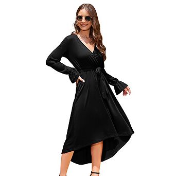 Maternity Wrap Dress, Long Sleeve V-Neck Tie Waist High Low Hem Midi Dress, Casual Pregnancy Dress