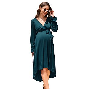 Maternity Wrap Dress, Long Sleeve V-Neck Tie Waist High Low Hem Midi Dress, Casual Pregnancy Dress