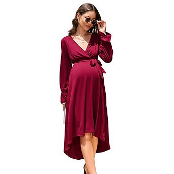 Maternity Wrap Dress, Long Sleeve V-Neck Tie Waist High Low Hem Midi Dress, Casual Pregnancy Dress