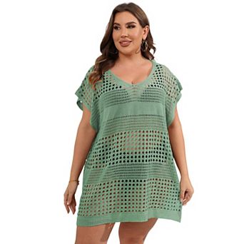 Plus Size Women's Hollow Crochet Bikini Cover-Up, Loose Knit Swimwear Beach Dress
