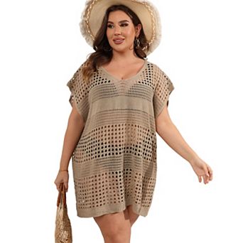 Plus Size Women's Hollow Crochet Bikini Cover-Up, Loose Knit Swimwear Beach Dress