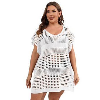 Plus Size Women's Hollow Crochet Bikini Cover-Up, Loose Knit Swimwear Beach Dress
