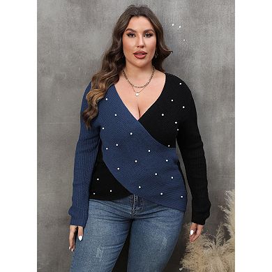 Plus Size Women's Color Block Pearl Embellished Wrap Knit Sweater, V-Neck Long Sleeve Pullover
