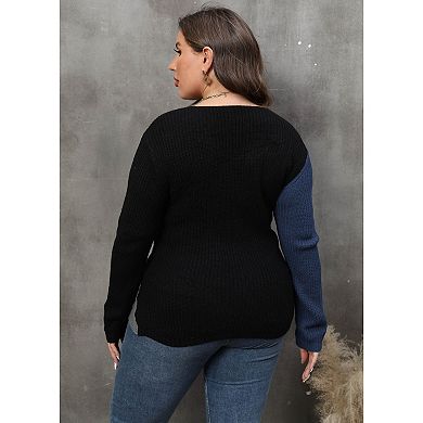 Plus Size Women's Color Block Pearl Embellished Wrap Knit Sweater, V-Neck Long Sleeve Pullover