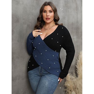 Plus Size Women's Color Block Pearl Embellished Wrap Knit Sweater, V-Neck Long Sleeve Pullover