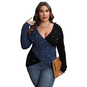 Plus Size Women's Color Block Pearl Embellished Wrap Knit Sweater, V-Neck Long Sleeve Pullover