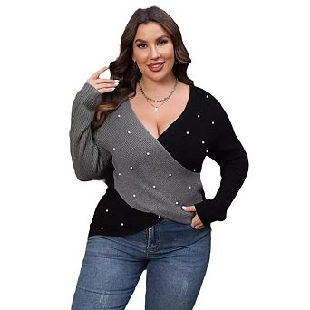 Plus Size Women's Color Block Pearl Embellished Wrap Knit Sweater, V-Neck Long Sleeve Pullover