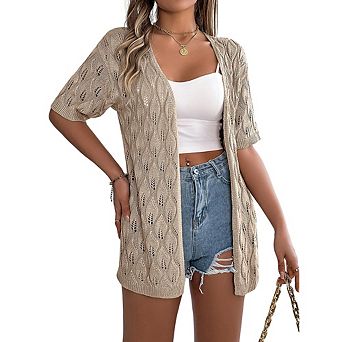 Women's Open Front Knit Cardigan, Short Sleeve Crochet Hollow Out Cover Up, Casual Summer Cardigan