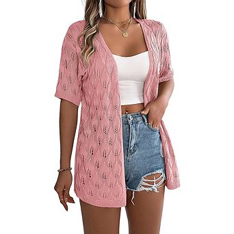 Women's Open Front Knit Cardigan, Short Sleeve Crochet Hollow Out Cover Up, Casual Summer Cardigan