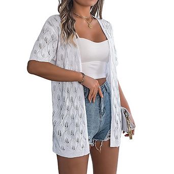 Women's Open Front Knit Cardigan, Short Sleeve Crochet Hollow Out Cover Up, Casual Summer Cardigan