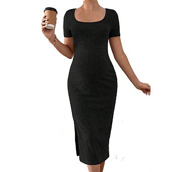 Maternity Ribbed Knit Midi Dress, Short Sleeve Square Neck Bodycon Pregnancy Dress with Side Slit