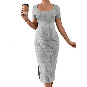 Maternity Ribbed Knit Midi Dress, Short Sleeve Square Neck Bodycon Pregnancy Dress with Side Slit