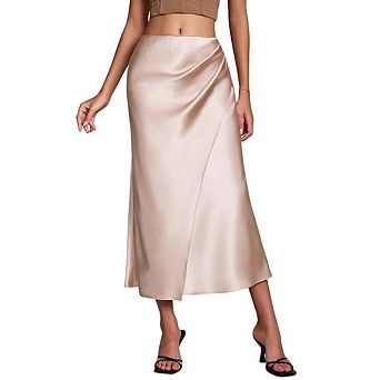 Women's Satin High Waisted Midi Skirt, Ruched Asymmetrical Flowy A-Line Skirt, Elegant Party Skirt