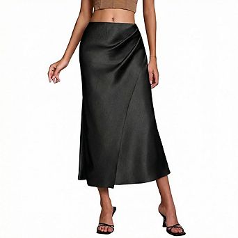 Women's Satin High Waisted Midi Skirt, Ruched Asymmetrical Flowy A-Line Skirt, Elegant Party Skirt