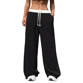 Women High Waisted Wide Leg Pants, Contrast Waistband Drawstring Pants, Casual Trousers with Pockets