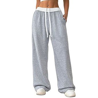 Women High Waisted Wide Leg Pants, Contrast Waistband Drawstring Pants, Casual Trousers with Pockets