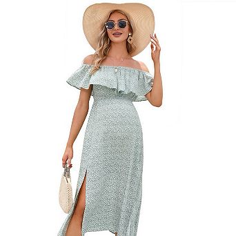 Elegant Off Shoulder Ruffle Split Maternity Maxi Dress Casual Pregnancy Dress for Women
