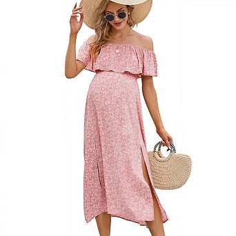 Elegant Off Shoulder Ruffle Split Maternity Maxi Dress Casual Pregnancy Dress for Women