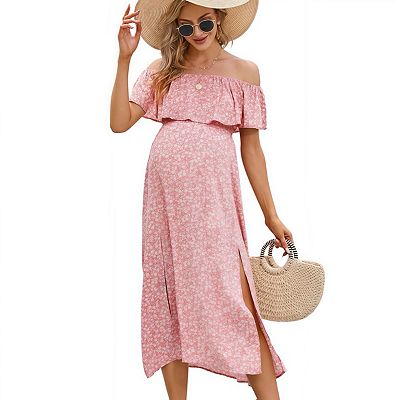 pink ruffle off the shoulder maternity dress Maternity Dress Ruffles Gown Photo Prop Baby Shower Off Shoulder Pink XL