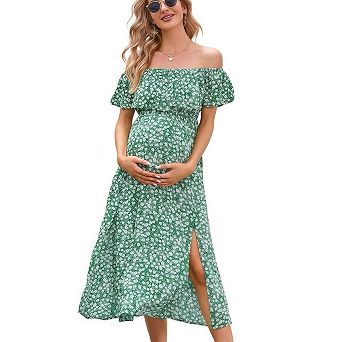 Elegant Off Shoulder Ruffle Split Maternity Maxi Dress Casual Pregnancy Dress for Women