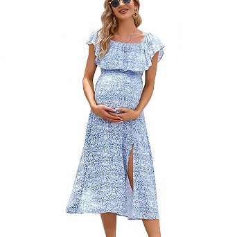 Elegant Off Shoulder Ruffle Split Maternity Maxi Dress Casual Pregnancy Dress for Women