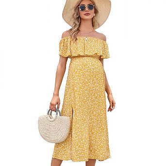 Elegant Off Shoulder Ruffle Split Maternity Maxi Dress Casual Pregnancy Dress for Women