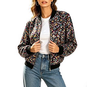 Sequin Jacket for Women, Long Sleeve Zip-Up Casual Glittery Coat with Ribbed Cuffs