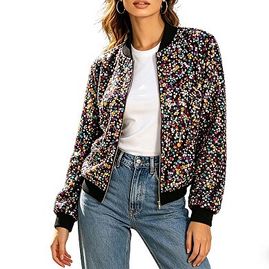 Sequin Jacket for Women, Long Sleeve Zip-Up Casual Glittery Coat with Ribbed Cuffs