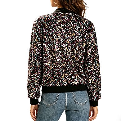 Sequin Jacket for Women, Long Sleeve Zip-Up Casual Glittery Coat with Ribbed Cuffs
