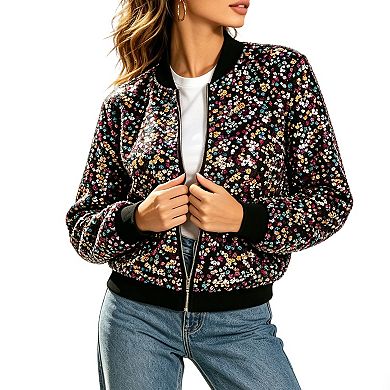 Sequin Jacket for Women, Long Sleeve Zip-Up Casual Glittery Coat with Ribbed Cuffs