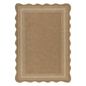 Scalloped Washable Indoor Outdoor Rug - Faux Jute Look, Non-Slip Carpet for Patio