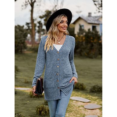 Women's Ribbed Knit Long Cardigan Sweater, Button Down Open Front Cardigan with Pockets
